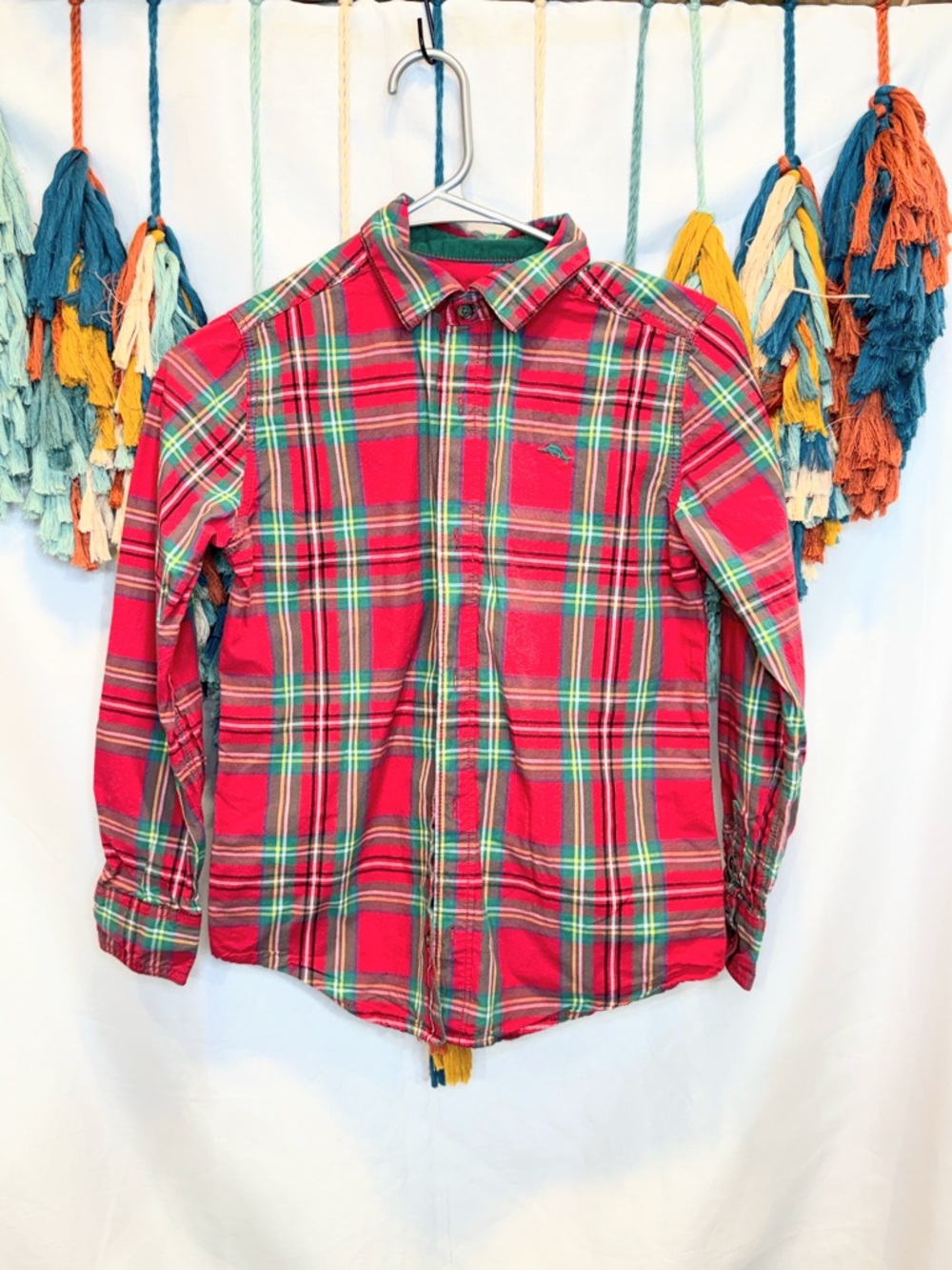 Tommy Bahama Boys Plaid Button Down Shirt Red Green Cotton Size Large 10 12